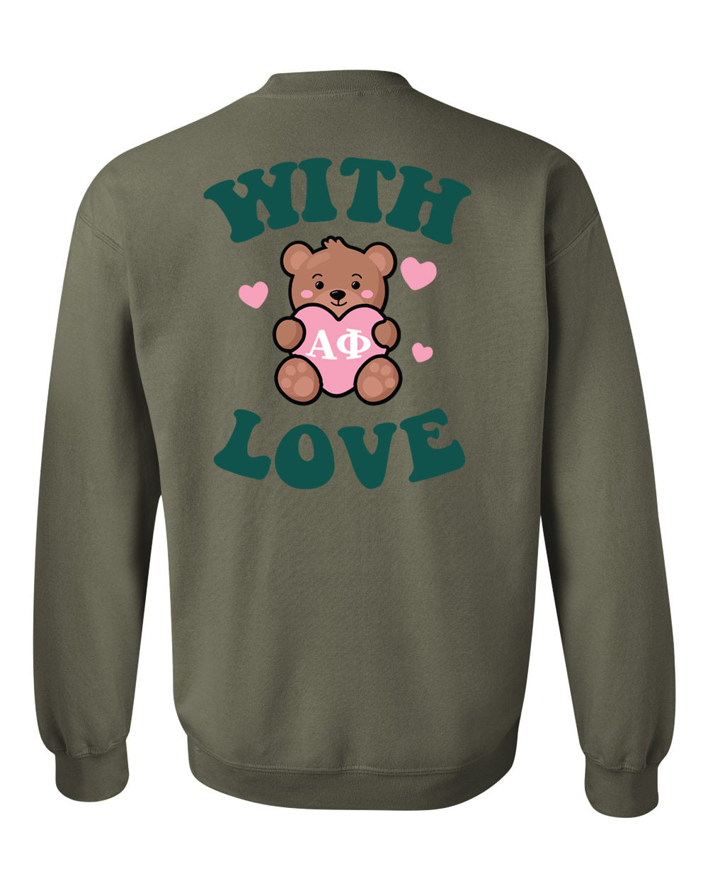 a green sweatshirt with a brown teddy bear holding a pink heart