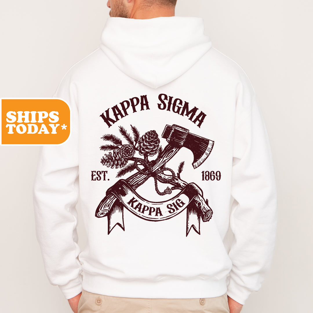 a man wearing a white hoodie with a hammer and pine tree on it
