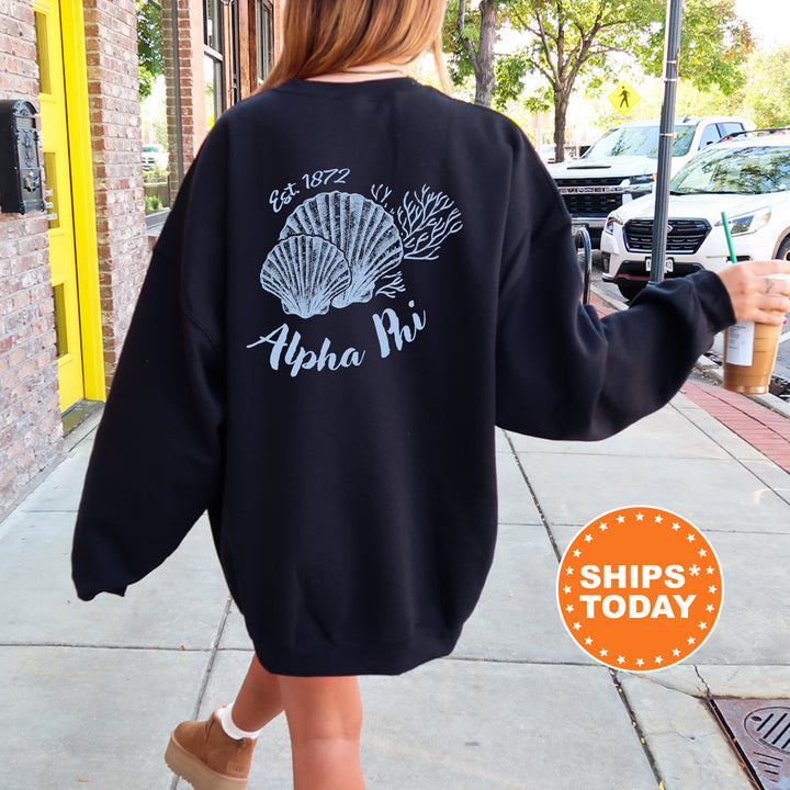 A person wearing a black sweatshirt with a graphic design of a shell and the text "Alpha Rho" printed on it, walking on a sidewalk.