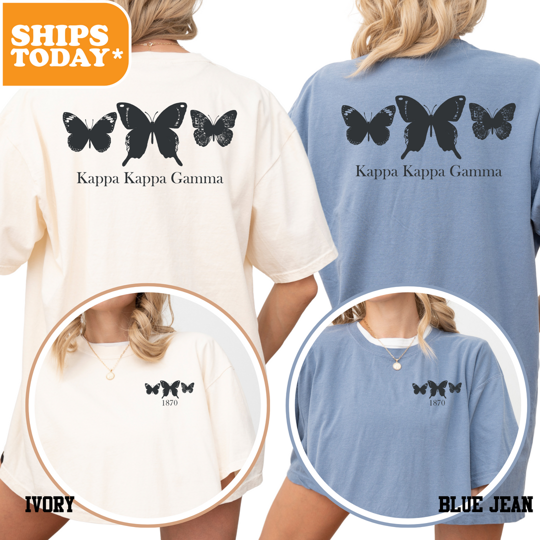 a woman wearing a blue shirt with a butterfly on it