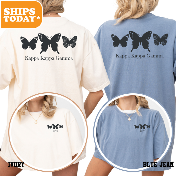 a woman wearing a blue shirt with a butterfly on it