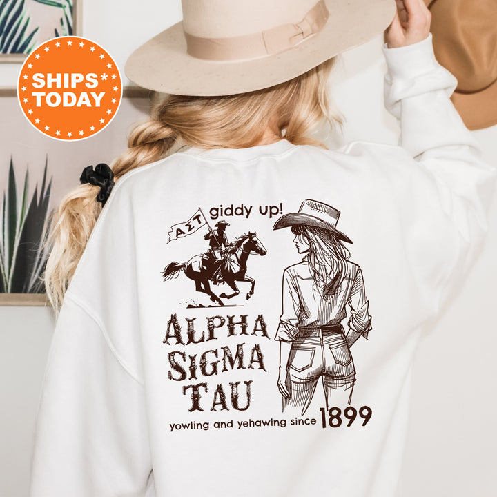 a woman wearing a white shirt with an image of a cowboy on it