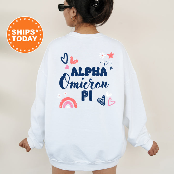 a girl wearing a white sweatshirt with the words,'aloh omeron