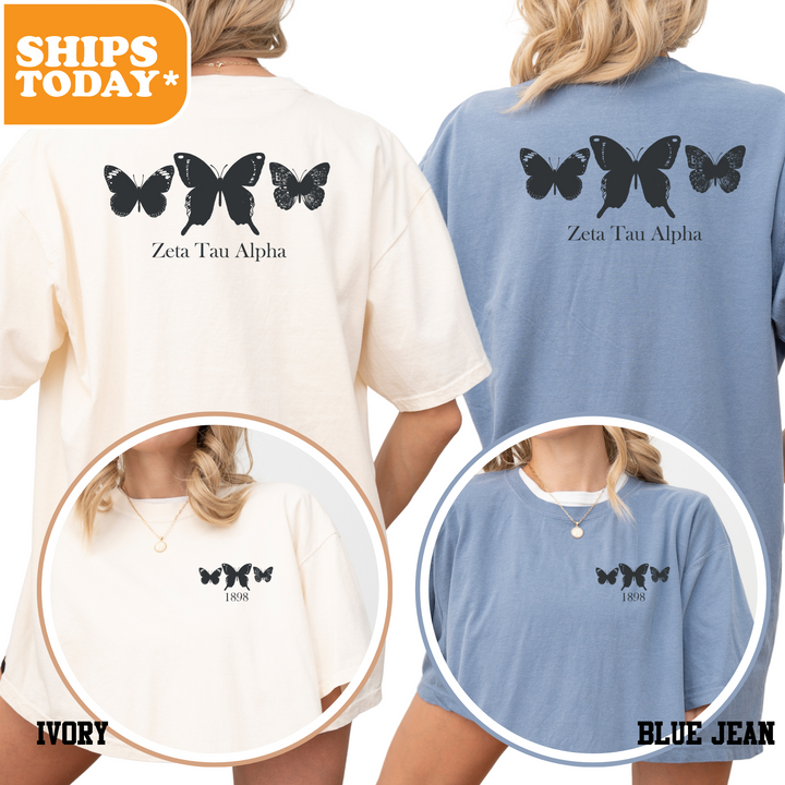 a woman wearing a tshirt with butterflies on it