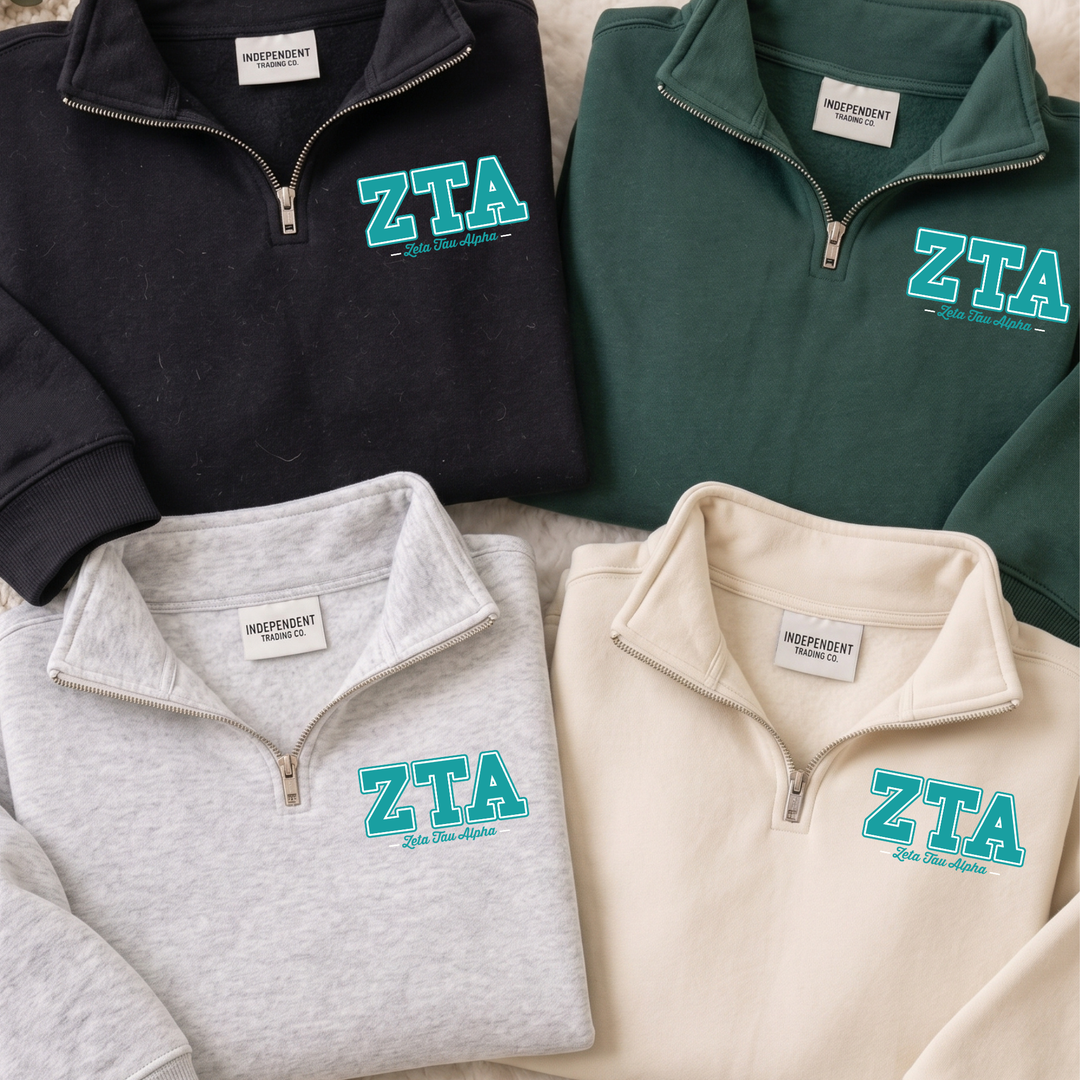 a collection of four zip-up sweatshirts, each with the same logo and text on the front.