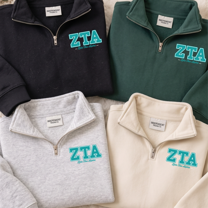 a collection of four zip-up sweatshirts, each with the same logo and text on the front.
