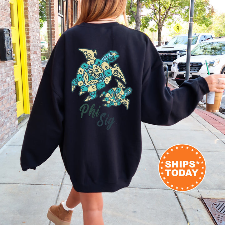 A person wearing a black sweatshirt with a colorful turtle design and the text "Phi Sig" printed on it, walking on a sidewalk.