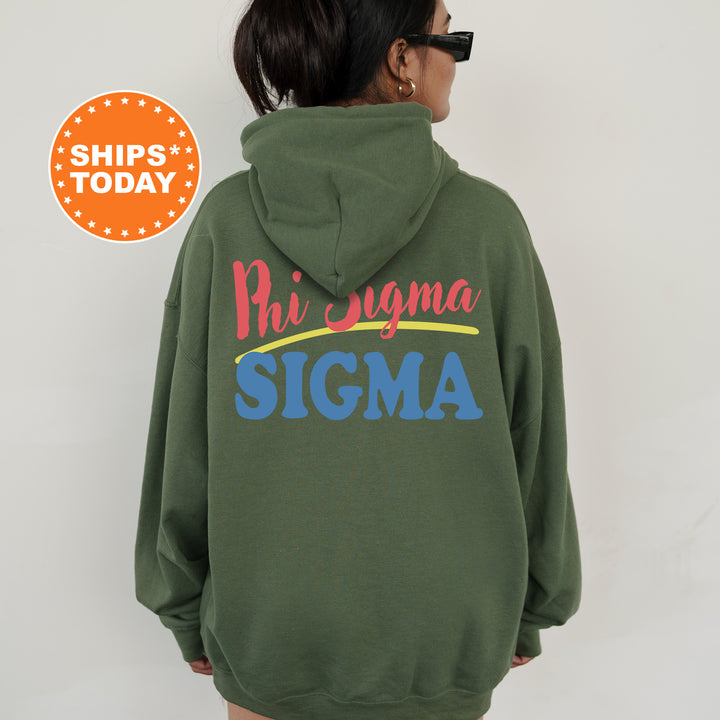 A person wearing a green hoodie with the text "Phi Sigma" printed on it.