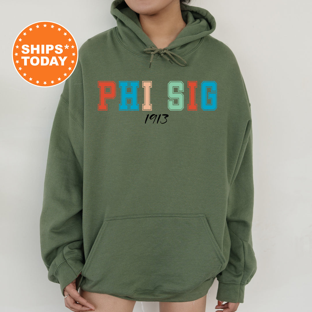 a person wearing a green hoodie with the words phi sig printed on it