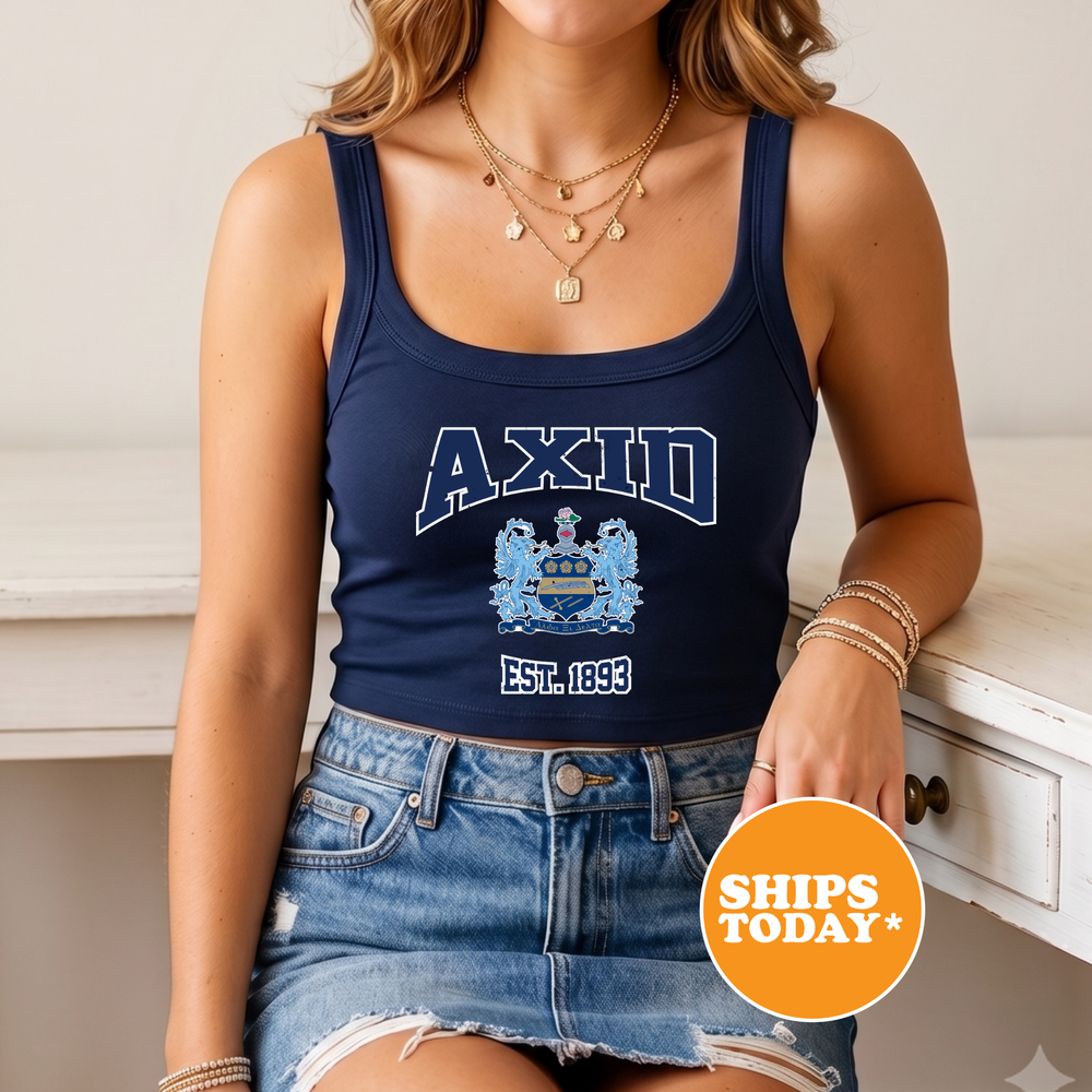 A woman wearing a navy blue crop top with the word "AXID" printed on it, a denim skirt, and multiple necklaces. She is sitting on a white surface, and there is a "SHIPS TODAY" sign in the bottom right corner of the image.
