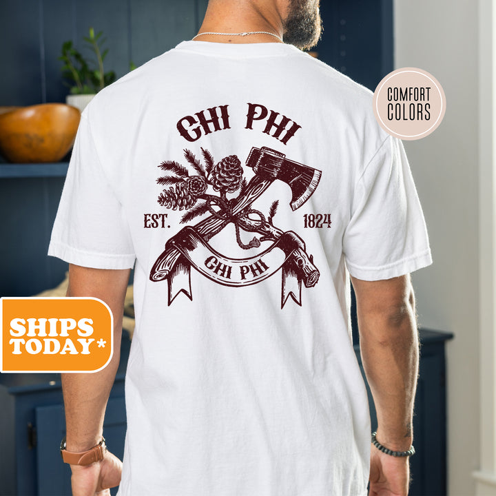 a man wearing a white shirt with an image of a man holding a hammer and