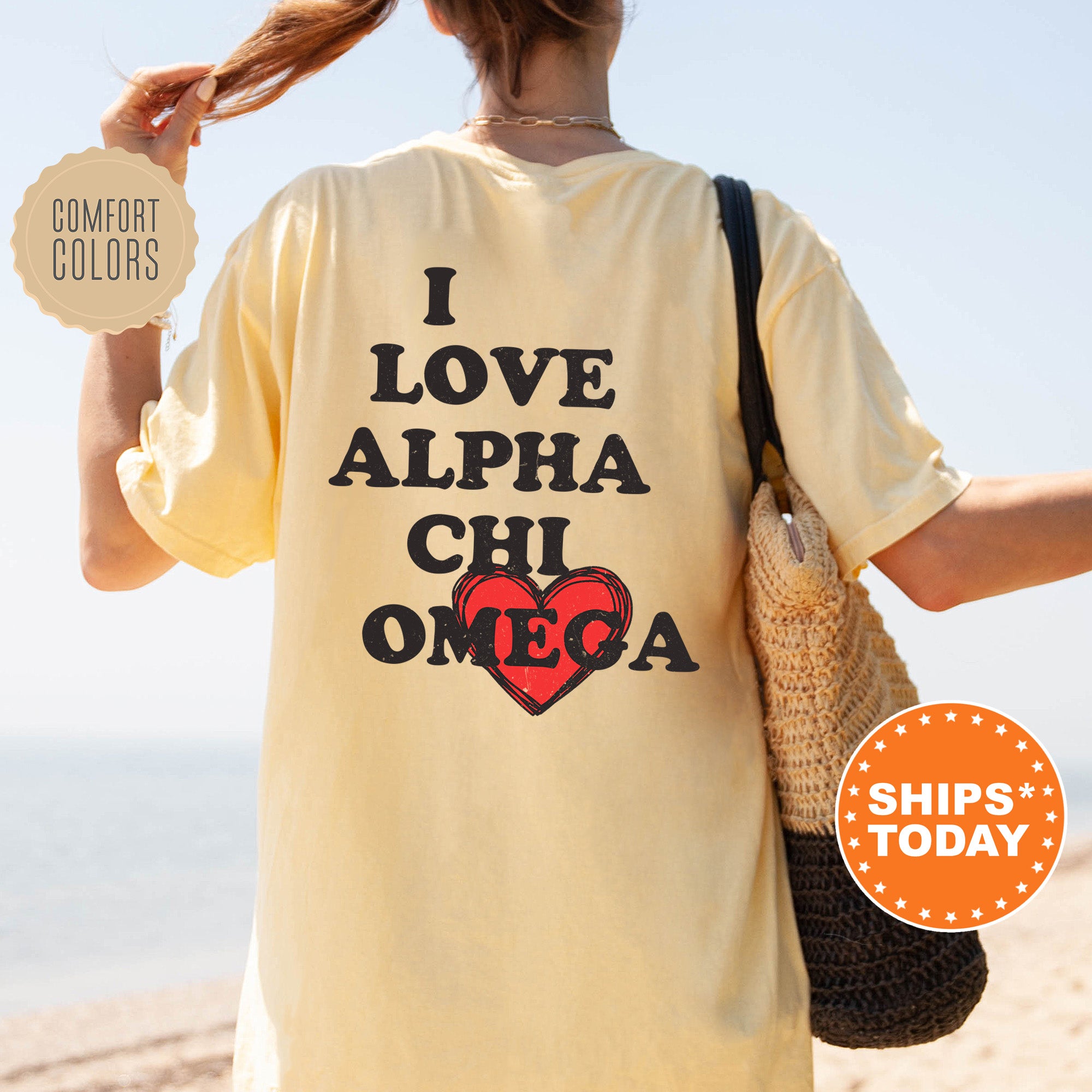 a woman with a yellow shirt that says i love alpha chi omega
