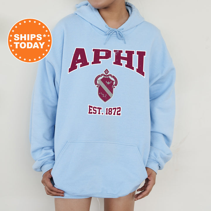 a person wearing a blue hoodie with the words aphi on it