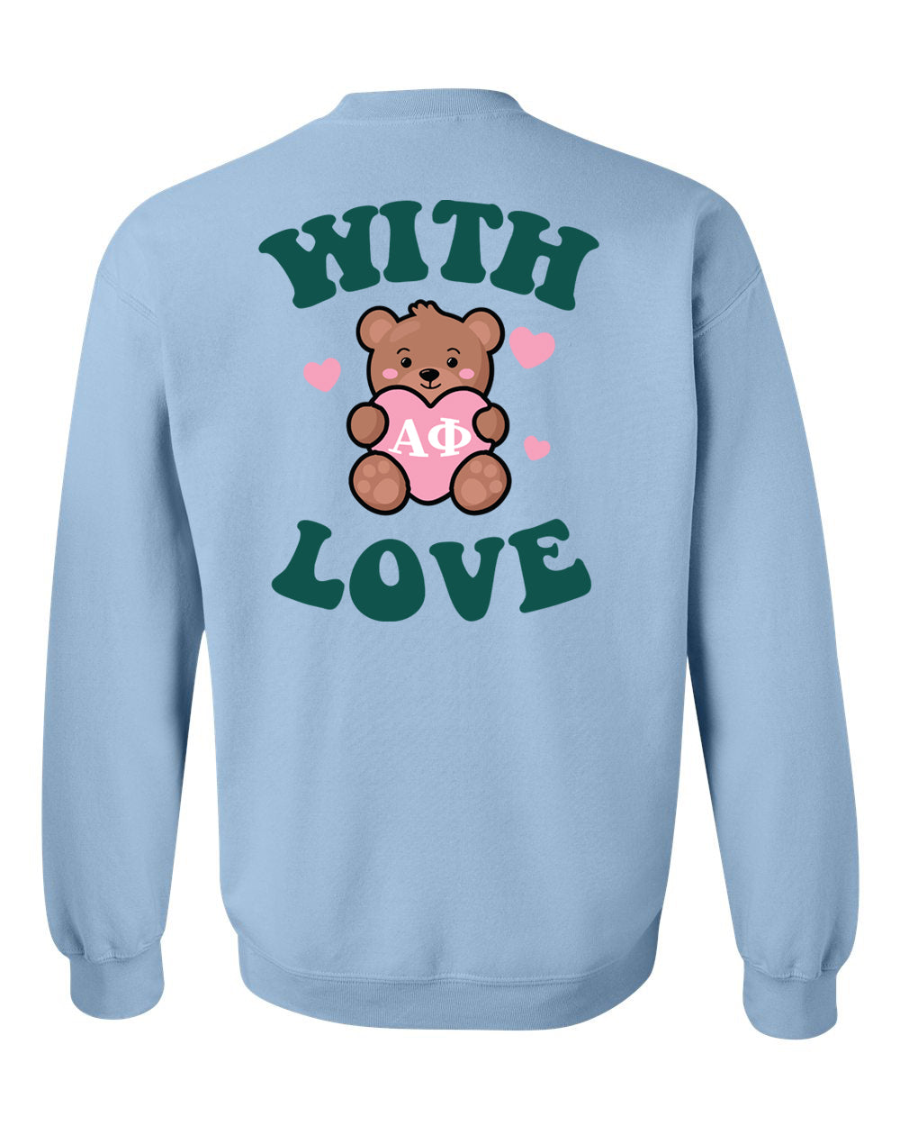a light blue sweatshirt with a teddy bear holding a heart