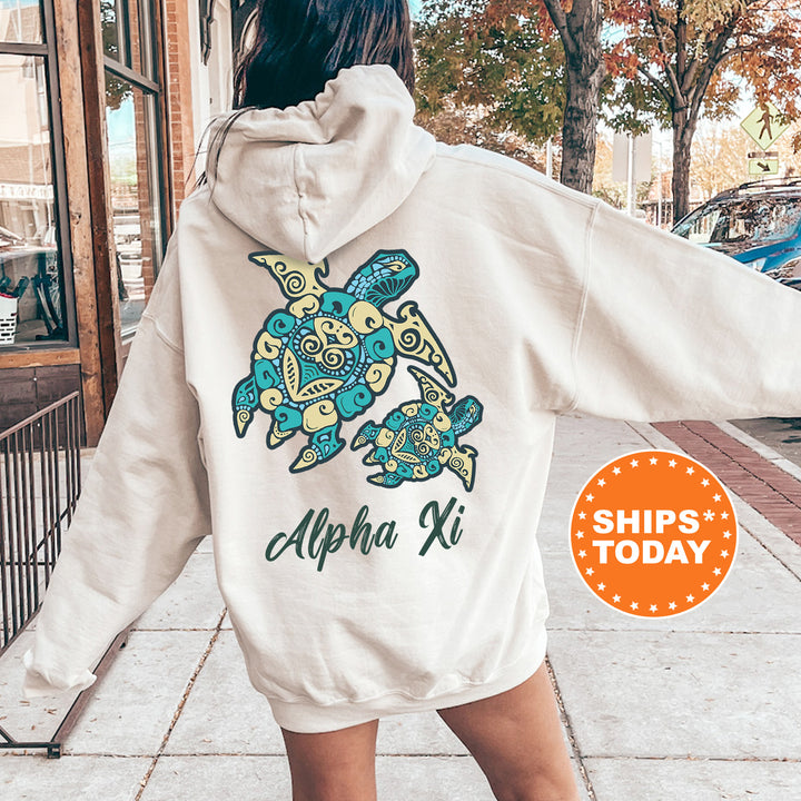 A person wearing a white hoodie with a colorful turtle design and the text "Alpha XI" printed on it, standing on a sidewalk.