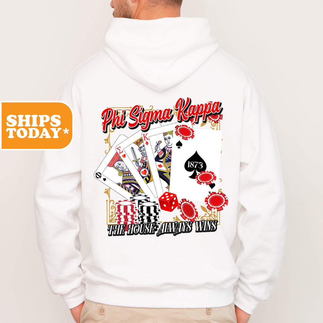 a man wearing a white hoodie with a card design on it
