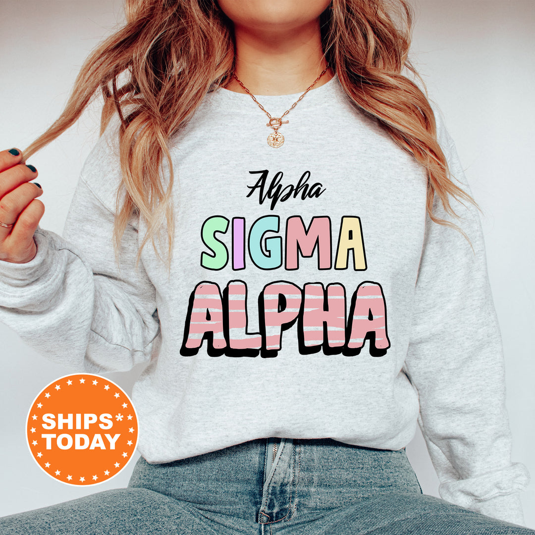 a woman with long hair wearing a sweatshirt that says, aloha sigm