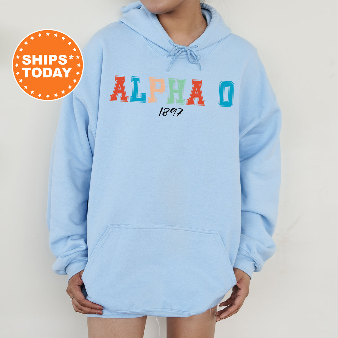 a person wearing a blue hoodie with the word alphao printed on it