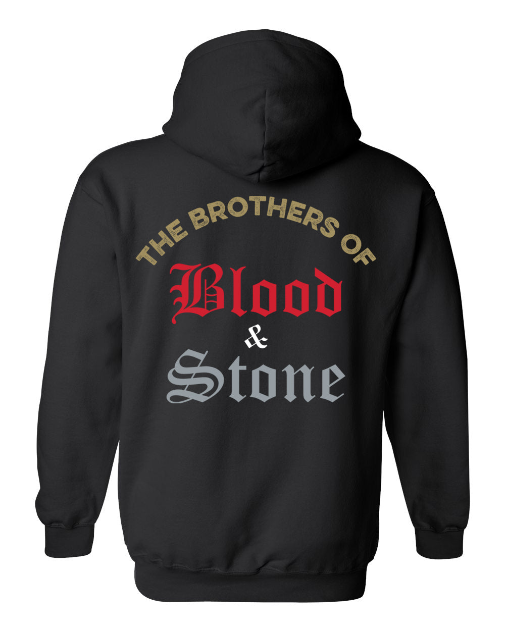 a black hoodie with the words blood and stone on it