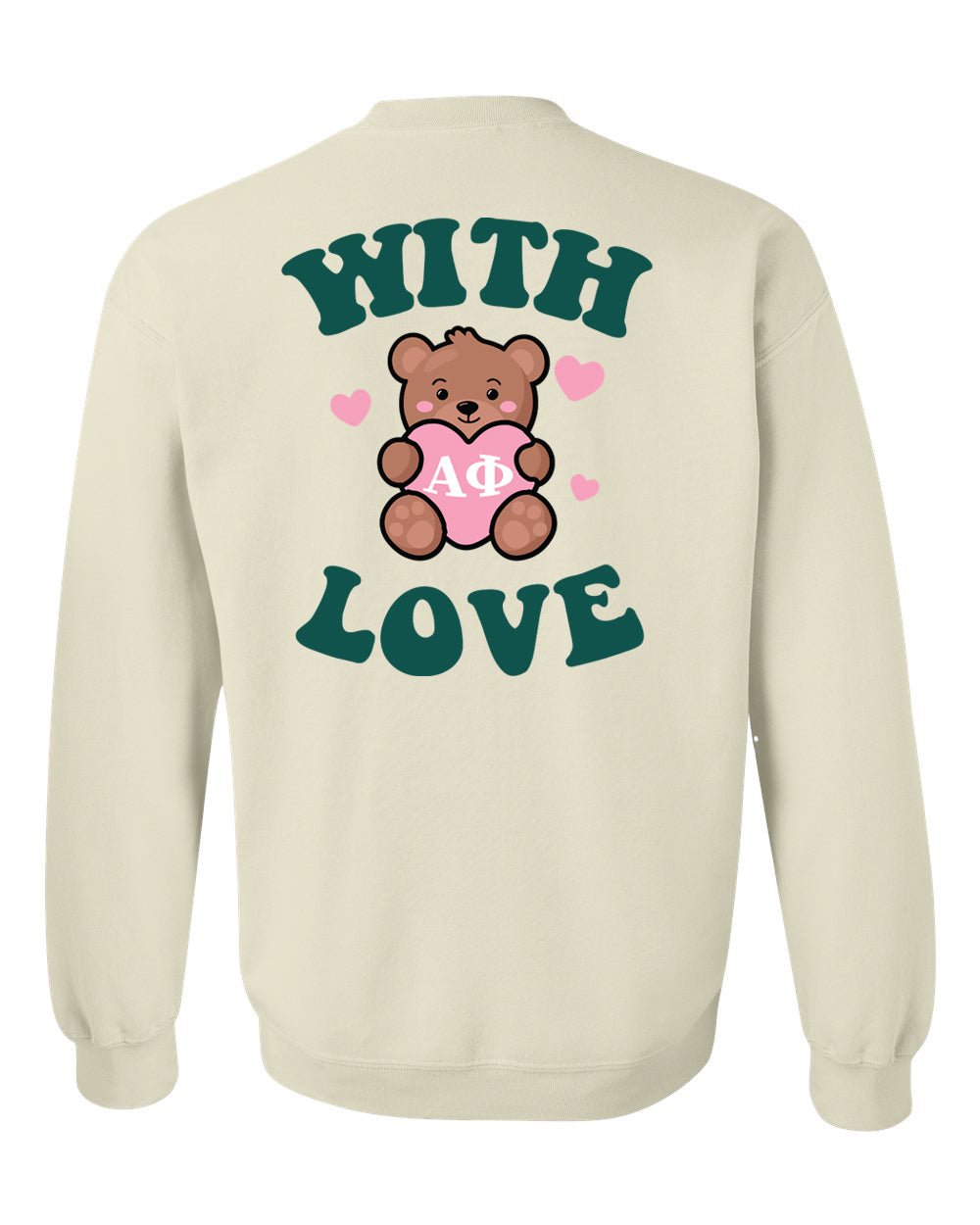 a white sweatshirt with a teddy bear holding a heart