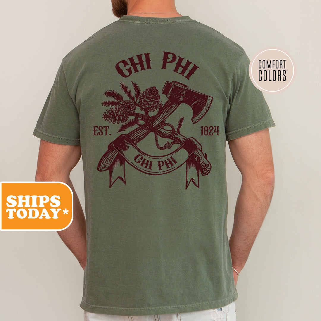 a man wearing a green shirt with an image of a hammer and a pine tree