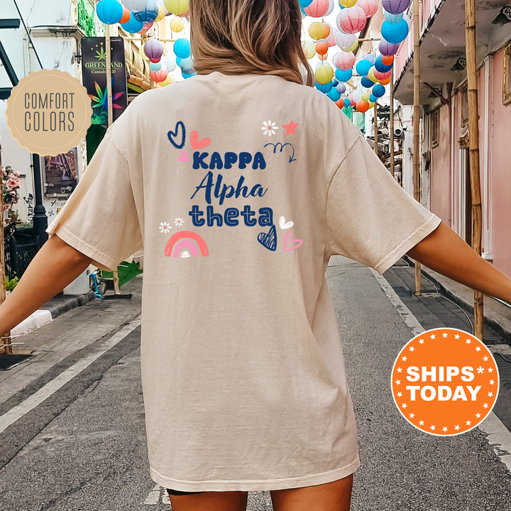 a woman walking down a street with balloons in the background