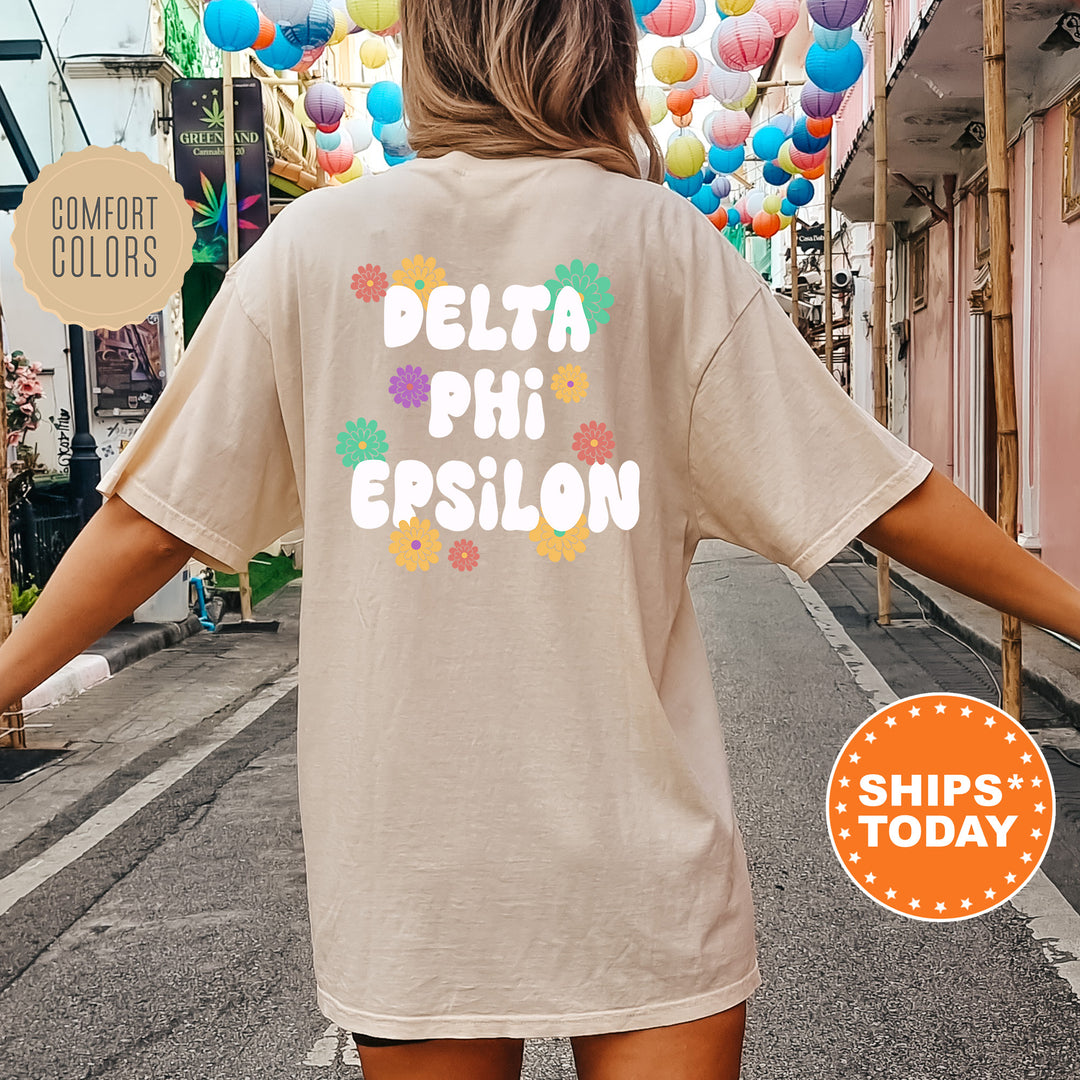 a woman walking down a street with balloons in the background