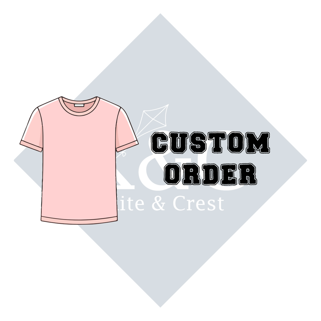 a pink t-shirt and a diamond-shaped graphic with the text "CUSTOM ORDER" and "White & Crest" written on it.