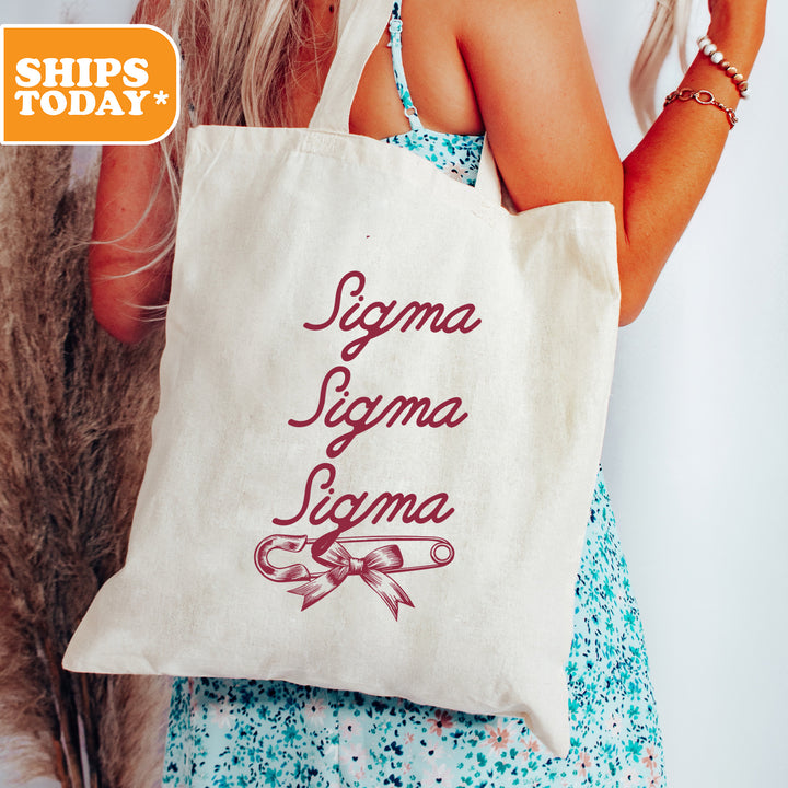 a woman holding a white bag with a message on it