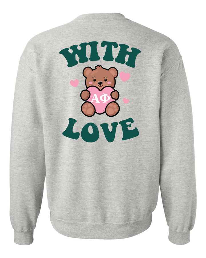 a grey sweatshirt with a teddy bear holding a heart