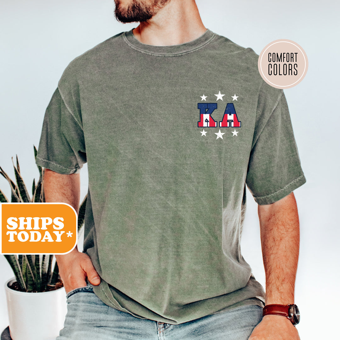 a man wearing a t - shirt with the american flag on it