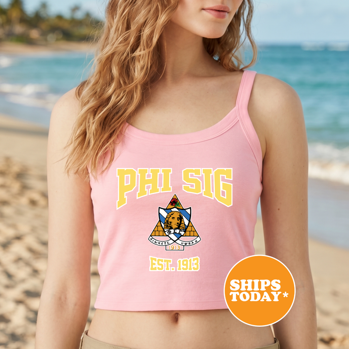 A woman wearing a pink crop top with the text "PHI SIG" and a logo, standing on a beach with the ocean in the background.