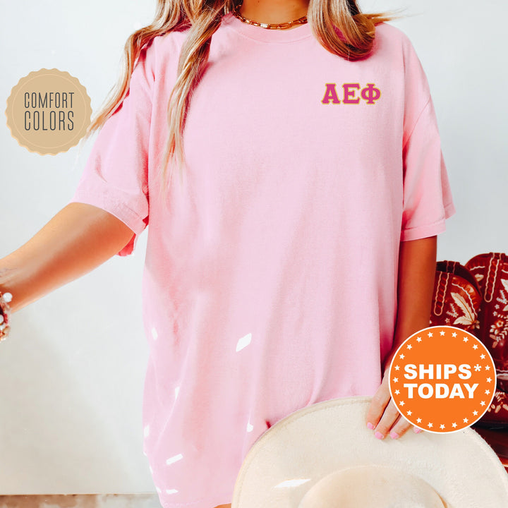 Alpha Epsilon Phi Red Letters Sorority T-Shirt | AEPhi Left Chest Graphic Tee Shirt | Comfort Colors Shirt | Greek Letters _ 17517g
