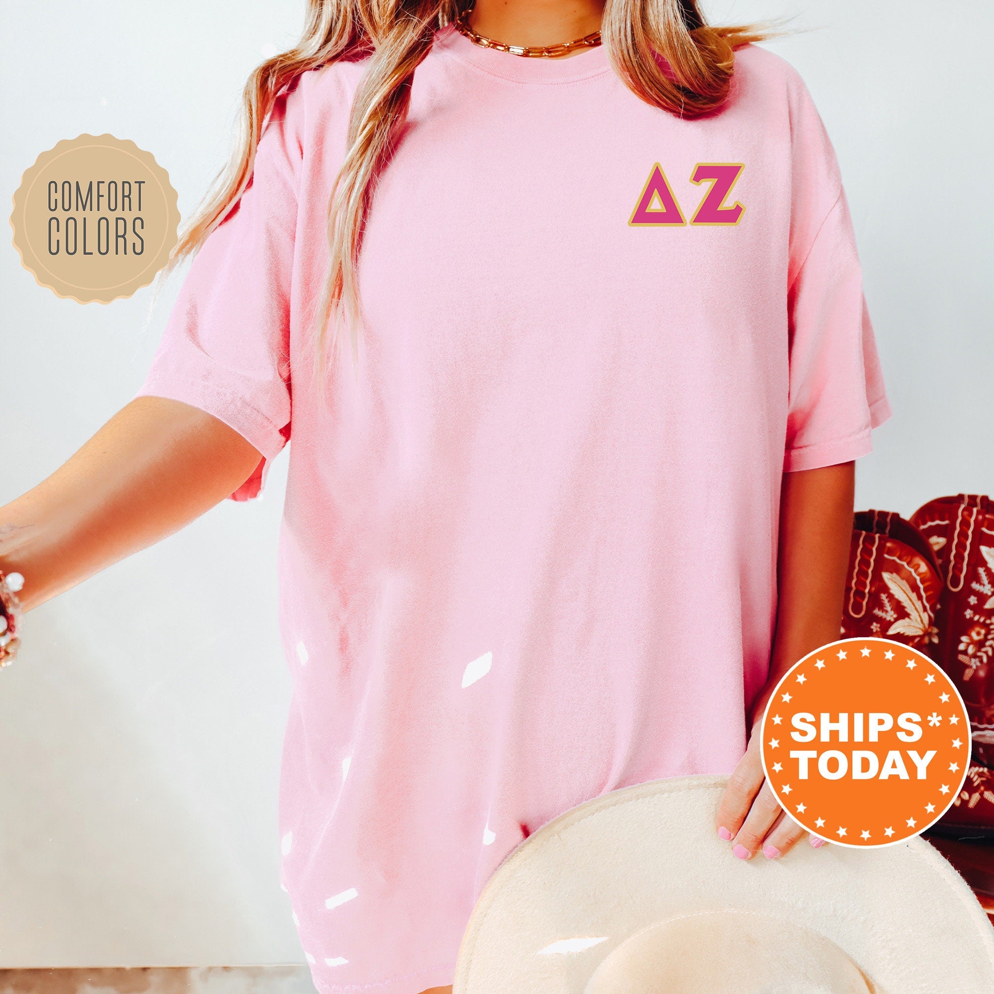 Delta Zeta Red Letters Sorority T-Shirt | Dee Zee Left Chest Graphic Tee Shirt | Comfort Colors | Greek Letters | Sorority Letters _ 17528g