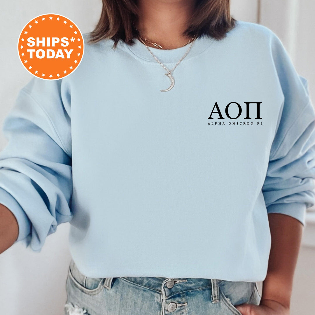 Alpha Omicron Pi Black Letters Left Chest Design Sorority Sweatshirt | APHI Crewneck Sweatshirt | Sorority Letters | Greek Letters