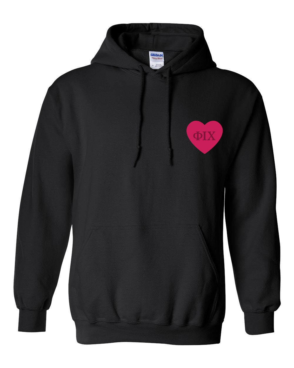 a black hoodie with a pink heart on it