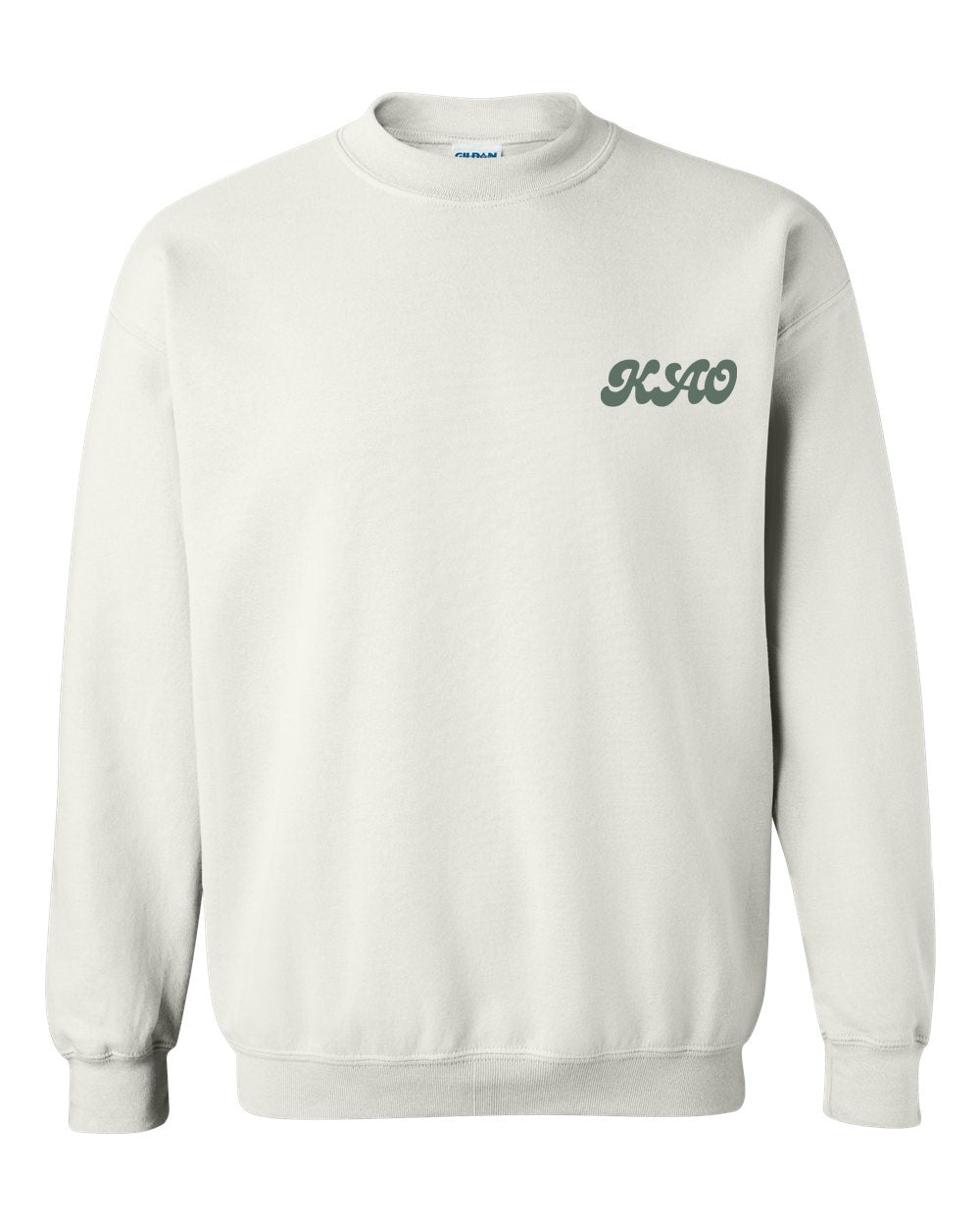 a white sweatshirt with a green logo on the chest