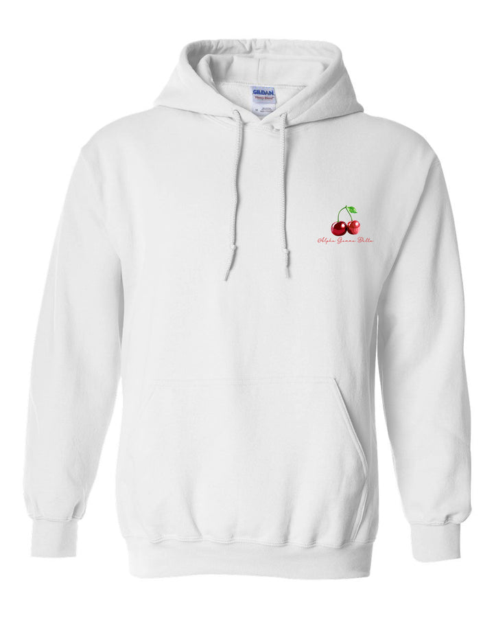 a white hoodie with an apple on it