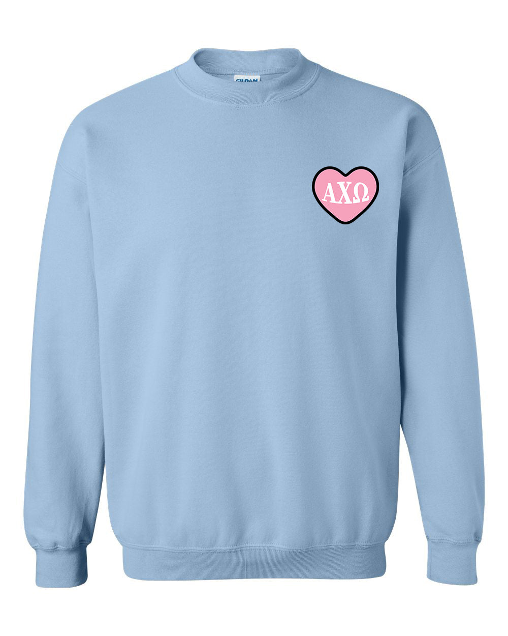 a light blue sweatshirt with a pink heart on the chest