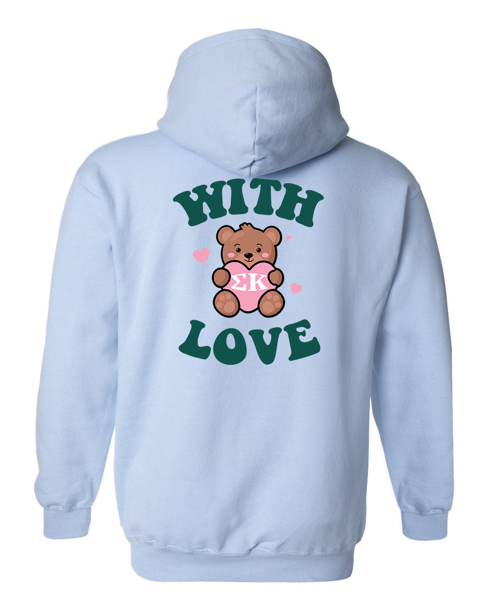 a light blue hoodie with a teddy bear on it