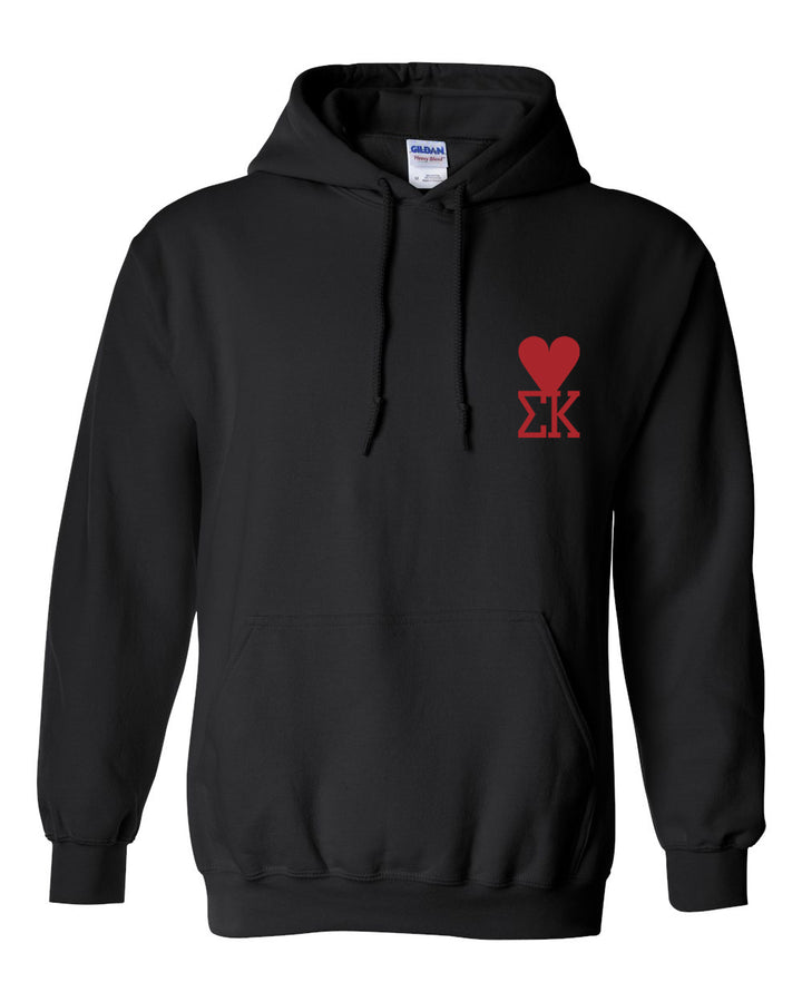 a black hoodie with a red logo on it