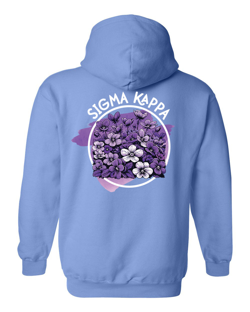 a blue hoodie with a bunch of purple flowers on it