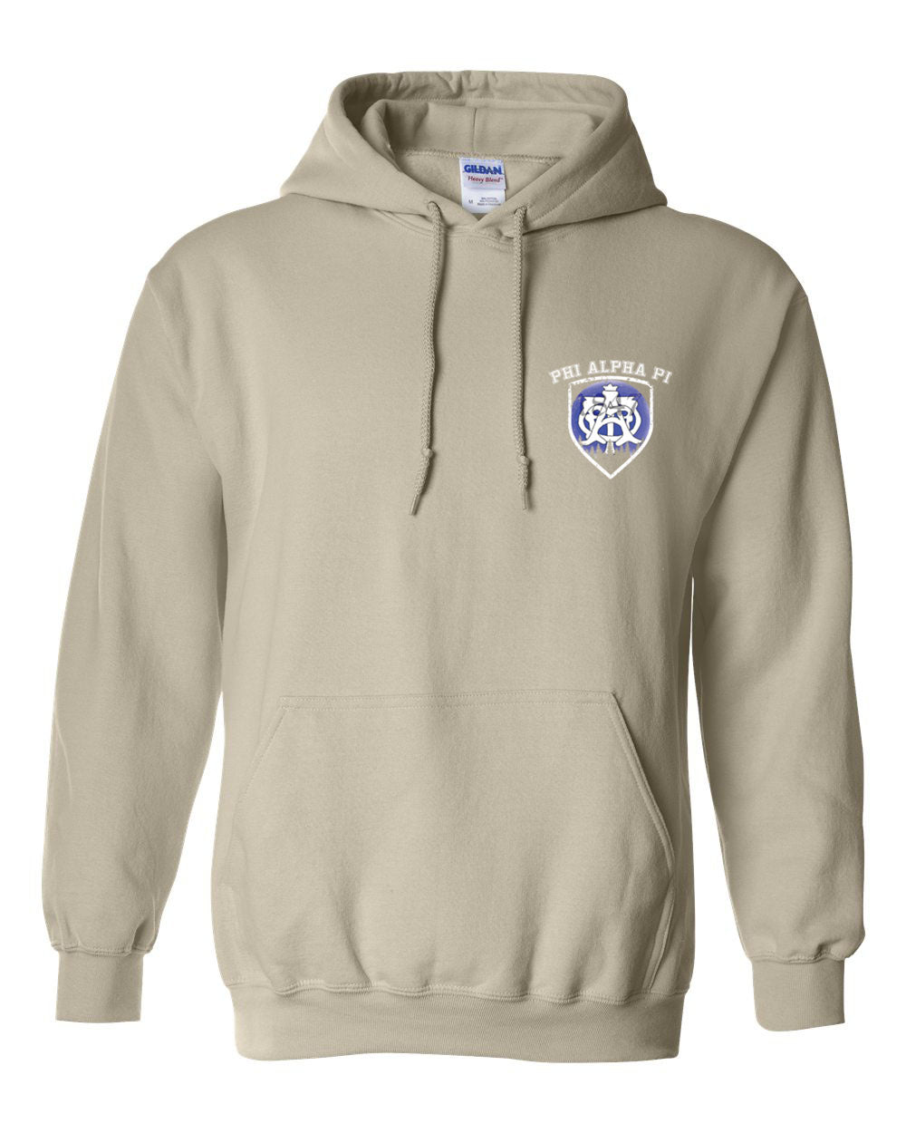 a beige hoodie with a blue and white logo on it