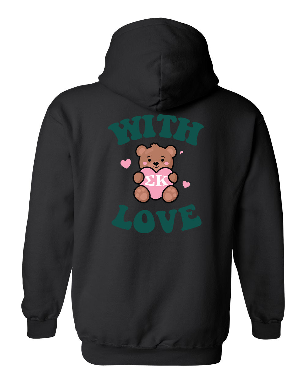 a black hoodie with a teddy bear holding a heart