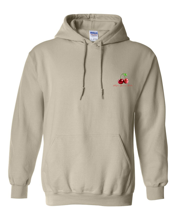 a hooded sweatshirt with a cherry embroidered on the chest