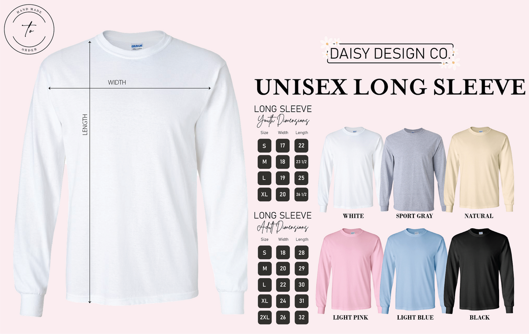 a white long sleeve shirt with measurements