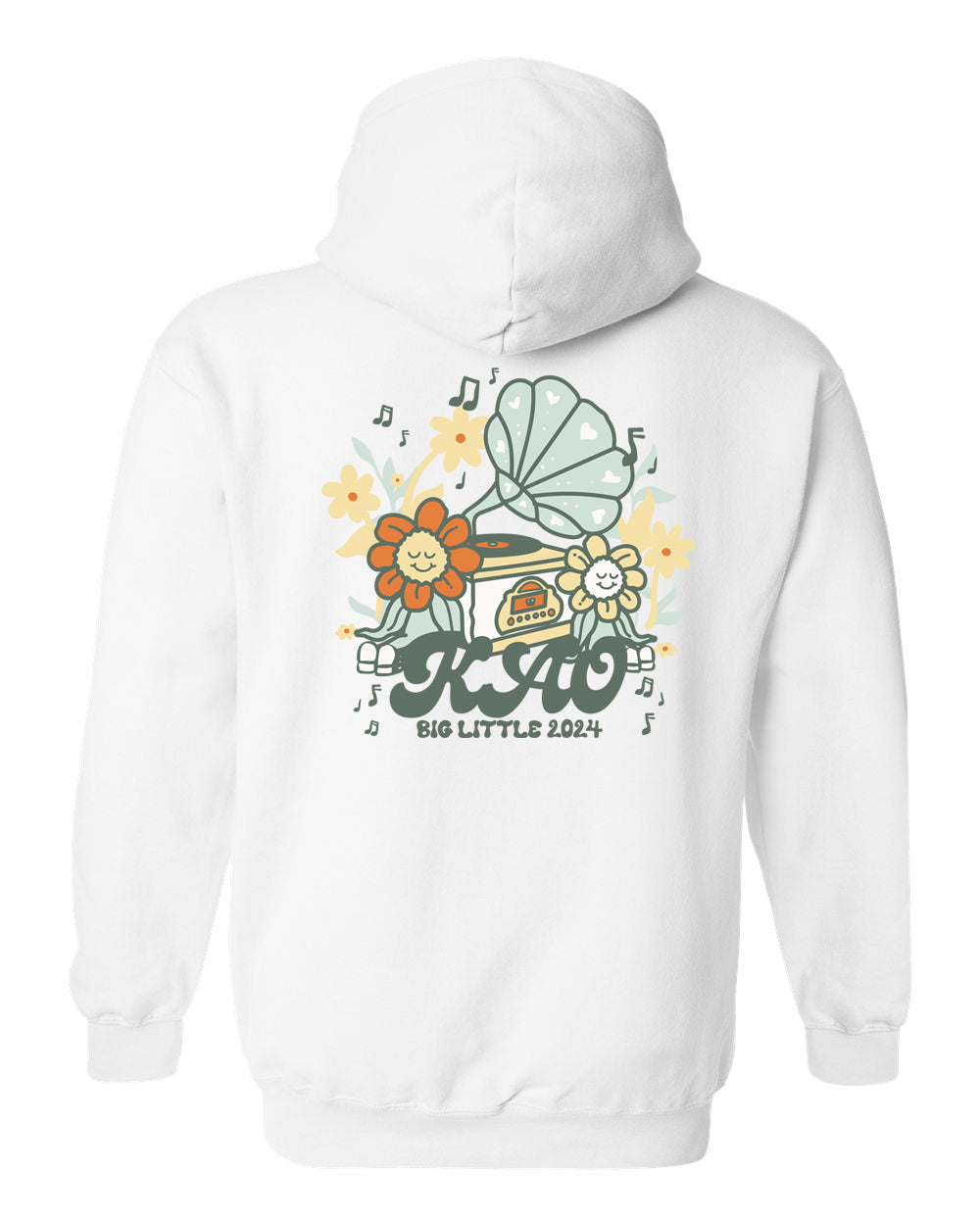 a white hoodie with an image of a baby carriage and flowers