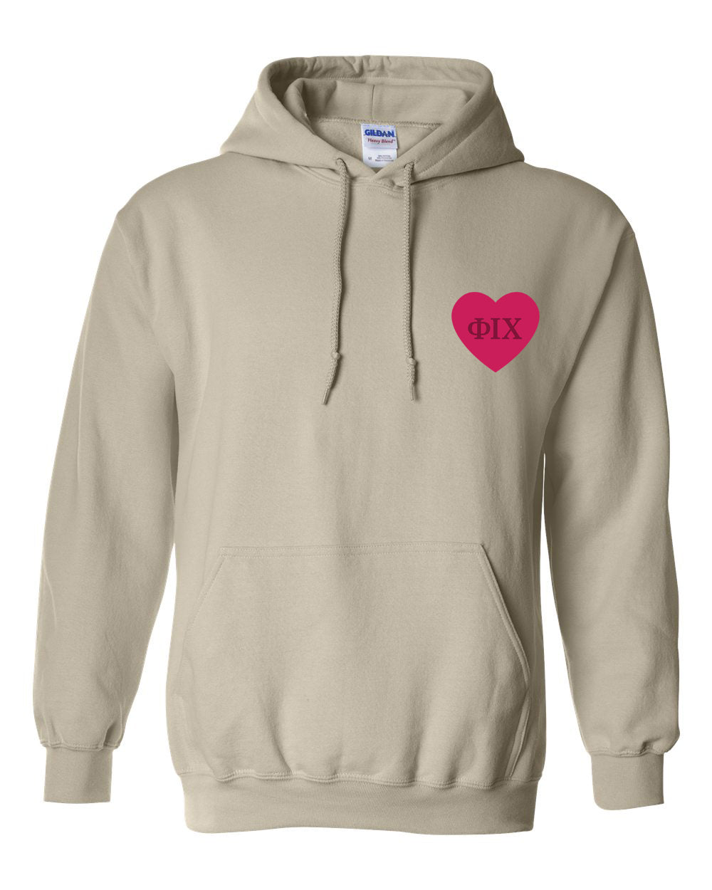 a beige hoodie with a pink heart on it