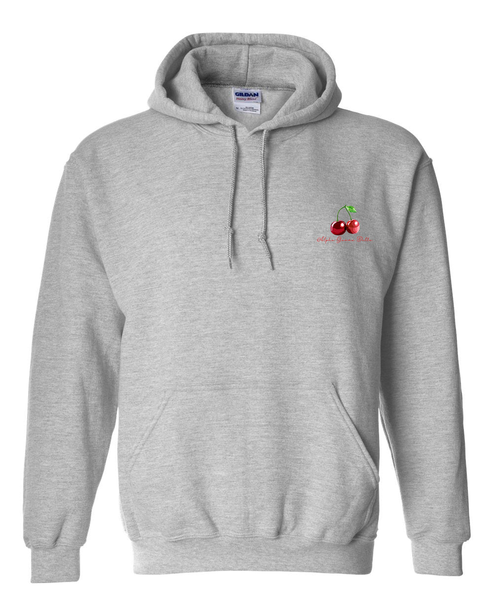 a grey hooded sweatshirt with a red apple embroidered on the chest