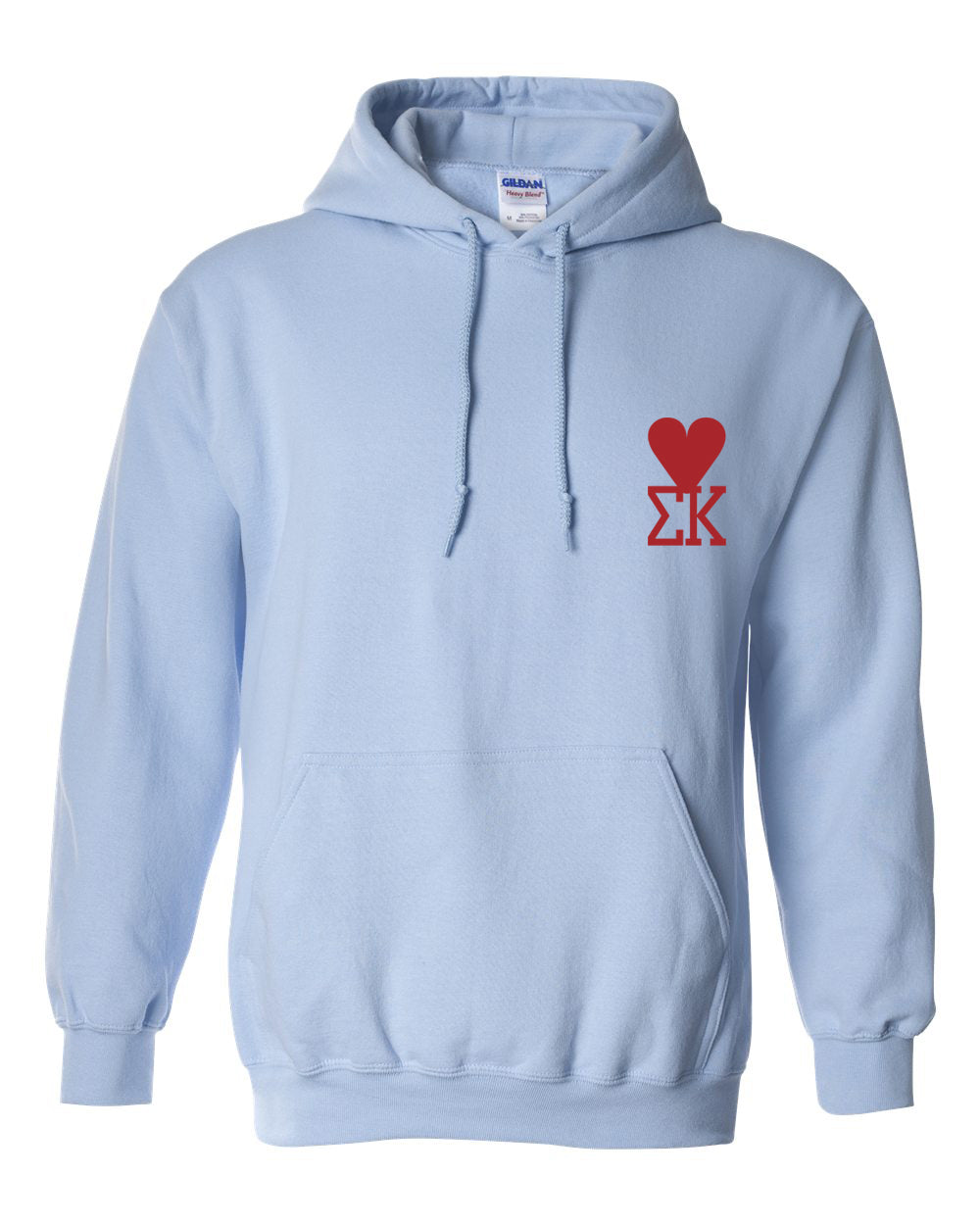 a light blue hoodie with a red heart on it